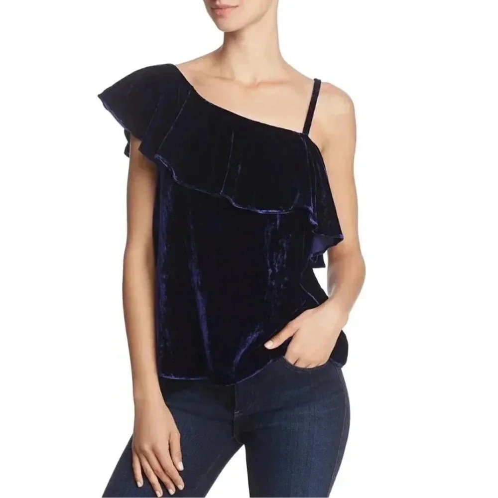 NWT J.O.A Crushed Velvet Cold Shoulder Ruffle Blue Top size S